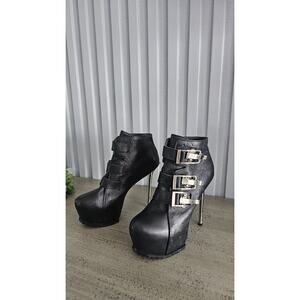 ALANALICE Black Leather Platform Ankle Boots, Stiletto Heel, Size 7